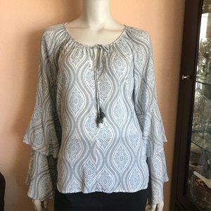 Lovestitch White Blue Print Tassels Blouse Small